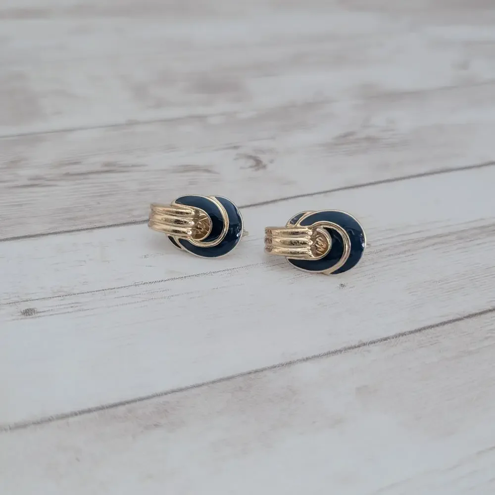 Vintage Trifari Clip On Earrings Gold Tone & Blue Enamel Stylish